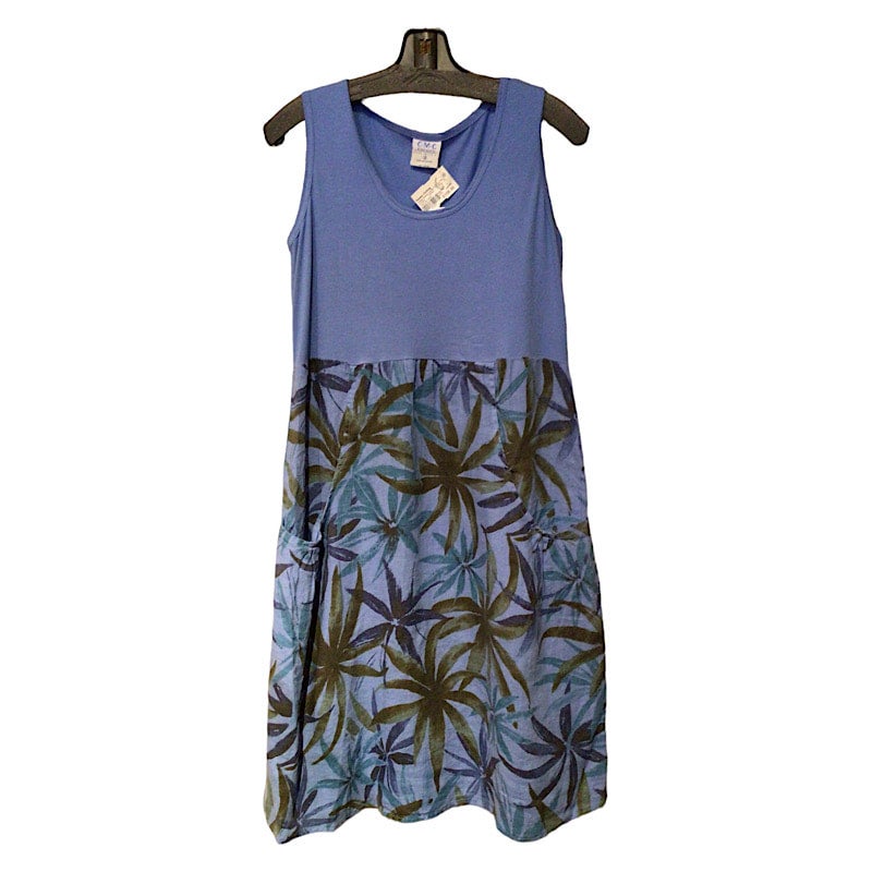 Color Me Cotton Tropical Leaves Print Dress With Pockets In Cornflower color-me-cotton-tropical-leaves-print-dress-with-pockets-in-cornflower